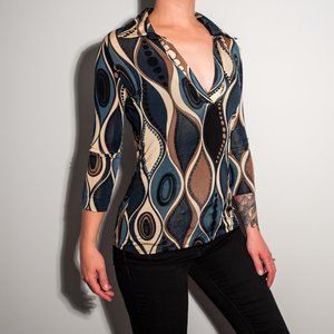 Vintage Blue & Neutral Trippy Patterned Deep-V Top